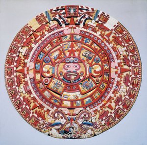 Civilização pré-colombiana: o calendário asteca (Pedra do Sol): disco representando o calendário asteca e a cosmogonia (Tonalpohualli)