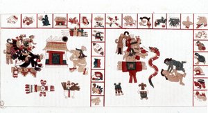 O Deus Asteca Cihuacohuatl representado em um manuscrito hieroglífico, pictogramas.