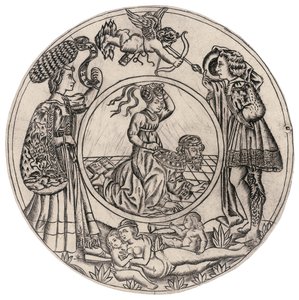 Aristóteles e Fílis, rodeados por um Jovem e uma Mulher com Eros, e uma Mulher nua reclinada com dois Filhos, segunda metade do século XV (gravura) de Baccio (circle of) Baldini