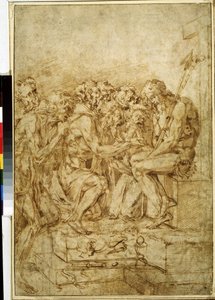 ""Cristo com os símbolos da paixão cercado por sete figuras"" (Cristo com símbolos das paixões acompanhado por sete figuras) Desenho em tinta marrom por Baccio Bandinelli (1493-1560) Museu Pushkin do século XVI Moscou de Baccio Bandinelli