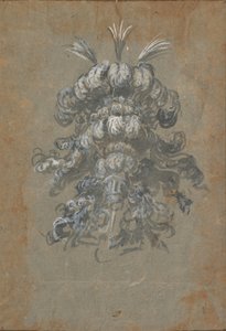 Design para um cocar luxuoso com penas em uma vista frontal de capacete, ca. 1620-56.