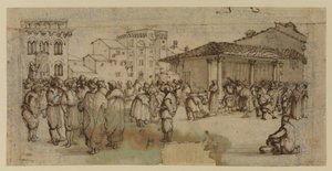 Praça do mercado em Florença, com figuras (giz, caneta e tinta, e lavagem em papel)
