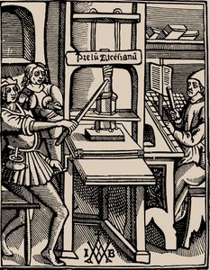 Prelum Ascensianum: dispositivo de impressão com a prensa em funcionamento, 1508. de Badius