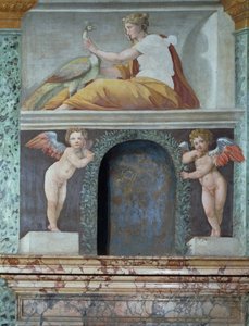 A Sala delle Perspectiva Hall of Perspecto detalhe de nicho trompe loeil representando a deusa Juno com um pavão, 1518-19 afrescos
