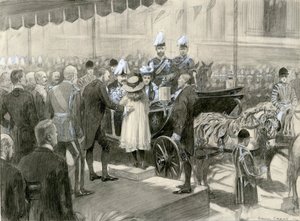 Rei Eduardo VII e Rainha Alexandra - Stand do Conselho do Condado de Londres em Trafalgar Square, 24 de outubro de 1902 (aguarela sobre papel)