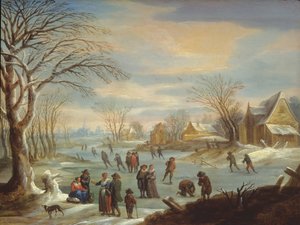 Paisagem de inverno com patinadores