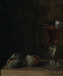 Um copo de vinho com nozes em uma mesa de Balthasar Denner