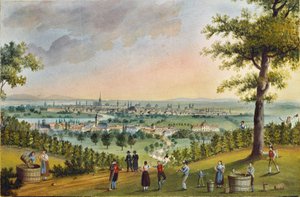 Festa da vindima nas vinhas acima de Heiligenstadt, com vista para Viena ... (guache)