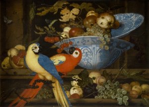 Natureza morta de frutas com dois papagaios de Balthasar van der Ast