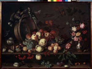 "Natureza morta com frutas, flores e papagaios" (também chamada "Natureza morta com frutas, conchas e insetos") Pintura de Balthasar van der Ast (1593/4-1657 ) por volta de 1620 Dim. 75x104 cm Museu Ermi de Balthasar van der Ast