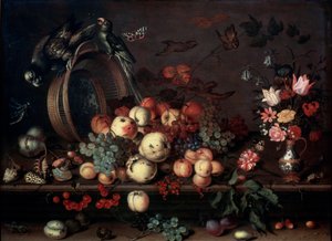 Natureza morta com frutas, flores e papagaios, década de 1620 de Balthasar van der Ast