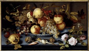 Natureza morta de frutas, flores, cascas e insetos. Pintura de Balthasar Van Der Ast (1590-1656) Ec. Hol