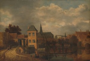 Vista da cidade de Haarlem, tirada do rio Spaarne, mostrando o Eendjespoort de Balthasar van der Veen
