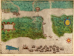 Agostinho de Drakes West Indian Voyage 1585 - 86, pub. 1589 (gravura colorida à mão)