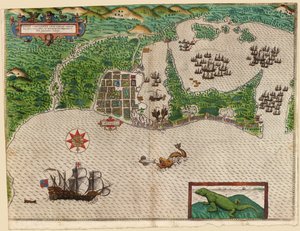 Cartegena, de Drakes West Indian Voyage 1585 - 86, pub. 1589 (gravura colorida à mão)