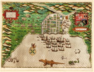 Domingo, de Drakes West Indian Voyage 1585 - 86, pub. 1589 (gravura colorida à mão)