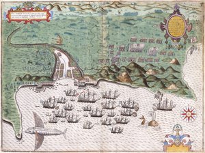 Plano de Santiago, Ilhas Cabo Verde, mostrando o ataque de Sir Francis Drake ao forte espanhol em 17 de novembro de 1585, c.1588-9