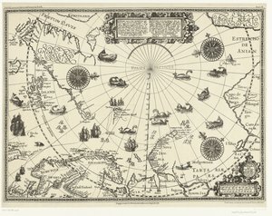 Mapa dos países à volta do Círculo Polar Ártico com as três viagens dos holandeses em 1598 de Baptista van (after) Doetechum