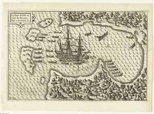 Chegada a Bornéu, 1600 La baye de Isle et Cite de Borneo (título no objeto), RP-P-OB-75.411 de Baptista van Doetechum