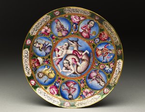 Tigela com tampa, pires e colher com decoração astrológica, início do século XIX de Baqir