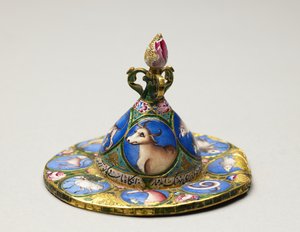 Tigela com tampa, pires e colher com decoração astrológica, início do século XIX