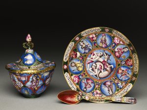 Tigela com tampa, pires e colher com decoração astrológica, início do século XIX