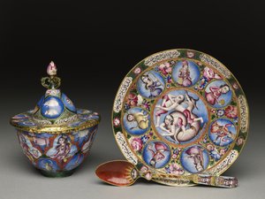 Tigela com tampa, pires e colher com decoração astrológica, início do século XIX