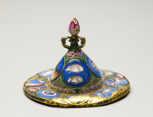Tigela com tampa, pires e colher com decoração astrológica, início do século XIX