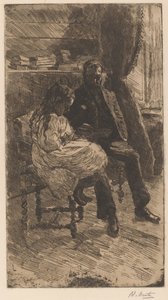 Interior com um homem e uma rapariga a lerem um livro juntos