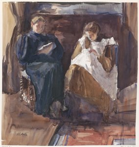 Senhora leitora e bordadeira, vistas de frente, na casa de 6 Riouwstraat, em Haia de Barbara Elisabeth van Houten