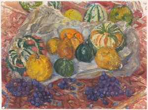 Ainda vida de abóboras e uvas em um tapete de Barbara Elisabeth van Houten