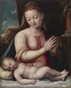 Madonna Adorando a Criança, c.1580-1600 (óleo sobre tela montado no painel)