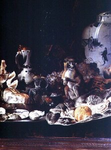 Ainda vida exótica com macaco e porcelana chinesa de Barend or Bernardus van der Meer