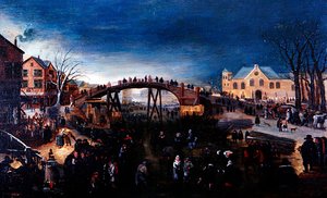 A Winter Landscape with Figures Skating and Playing, c.1640-50 (óleo sobre painel) de Barent (follower of) Avercamp