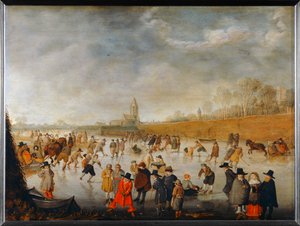 Patinagem em Kampen - Patinagem no gelo em Kampen ... de Barent Avercamp