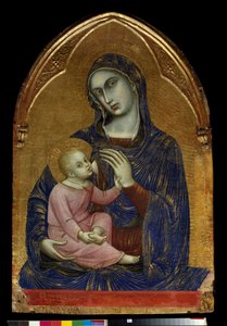 A Virgem e o Menino Maria amamentam Jesus Cristo que tem um colar de coral. Pintura em madeira de Barnaba da Modena (conhecida de 1361 a 1383) Dim. 1,09x0,72 m Paris, Musee du Louvre. de Barnaba da Modena