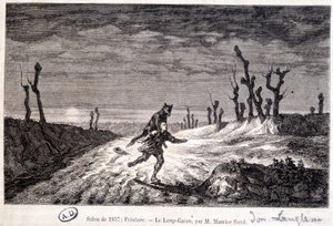 Lobisomem (lobisomem) atacando um homem - da ap. pintura de Maurice Sand, exposta no Salão de 1857. de Baron Dudevant Jean Francois Maurice (after) Sand