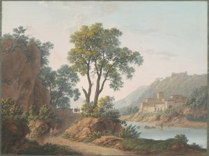 Paisagem fluvial com castelos e viajantes de Baron Louis Albert Guillain Bacler d