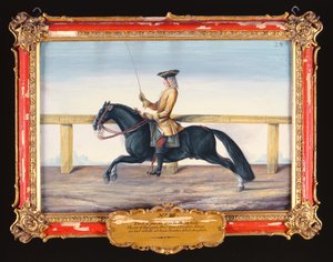 No. 28 Um cavalo preto espanhol da Escola de Equitação Espanhola que executa um movimento de adestramento (wc em papel)