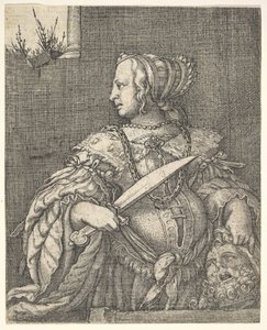 Judith, com metade do comprimento e perfil à esquerda, uma espada na mão direita e na cabeça de Holo. de Barthel Beham