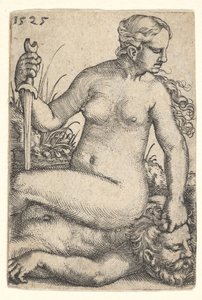 Judith, olhando para a direita, sentada nua no topo do corpo morto de Holofernes, com um sw ..., 1525.