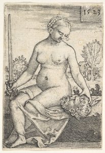 Judite, sentada nua com uma espada na mão direita, olhando para a cabeça de Holofernes..., 1523.