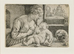 Mãe e filho com caveira e ampulheta, c. 1528-1530 de Barthel Beham