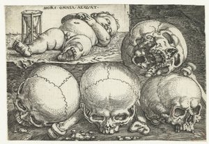 Criança a dormir com ampulheta e quatro caveiras
Mors Omnia Aeqvat (título sobre o objecto)