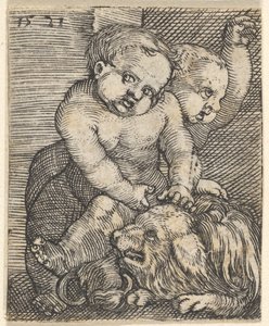 Dois meninos brincando com um cachorro, meados do século XVI. de Barthel Beham