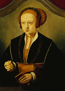 Retrato de uma senhora que disse ser a princesa Sybille de Cleve, meio comprimento, vestindo um traje preto, corrente de ouro e um cocar elaborado, segurando um livro e um botão de rosa,