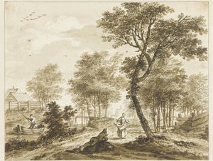 Paisagem com figuras e à esquerda um homem em um punt de Bartholomeus Barbiers