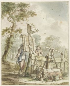 Paisagem com dois homens em um outdoor por uma bomba de água de Bartholomeus Barbiers