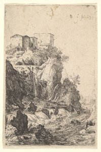 Cascatas perto de Ponte della Trave, com edifícios em um afloramento rochoso acima, da série ..., 1639. de Bartholomeus Breenbergh