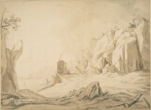 Paisagem com uma estrada abaixo de penhascos perto de Bracciano de Bartholomeus Breenbergh